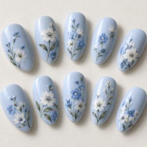 Blue Garden Almond Press-On Nails close-up design preview