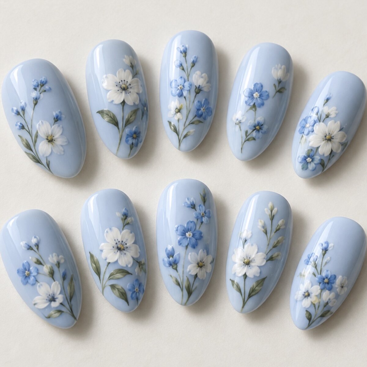 Blue Garden Almond Press-On Nails close-up design preview