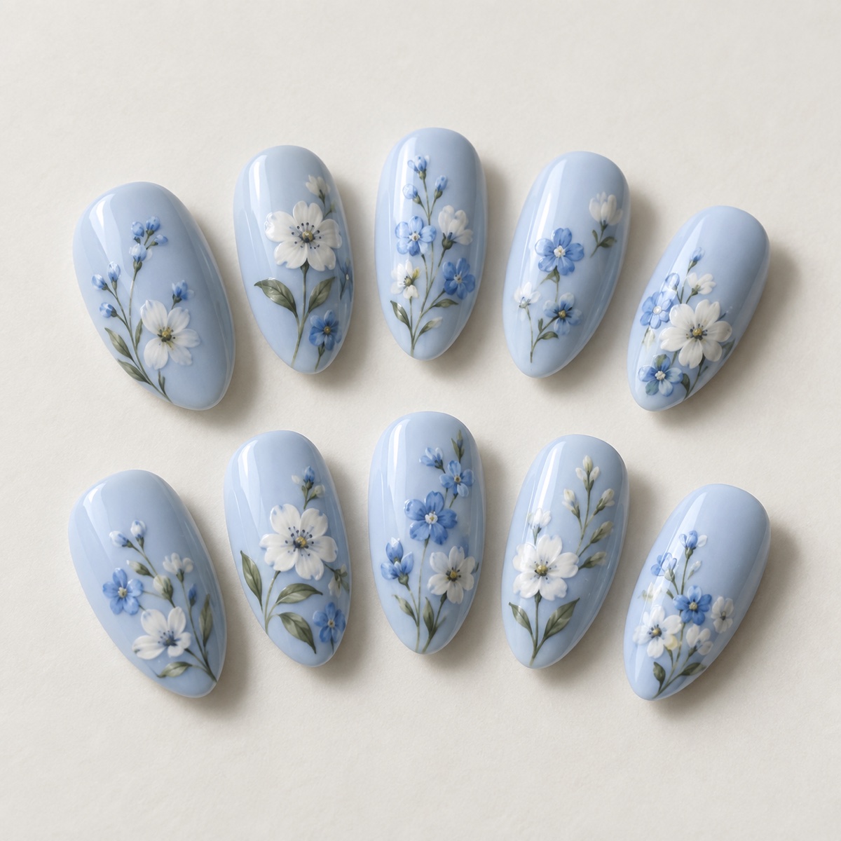 Blue Garden Almond Press On Nails design preview