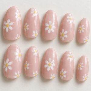 Blush Daisy Floral Press-On Nails close-up design preview