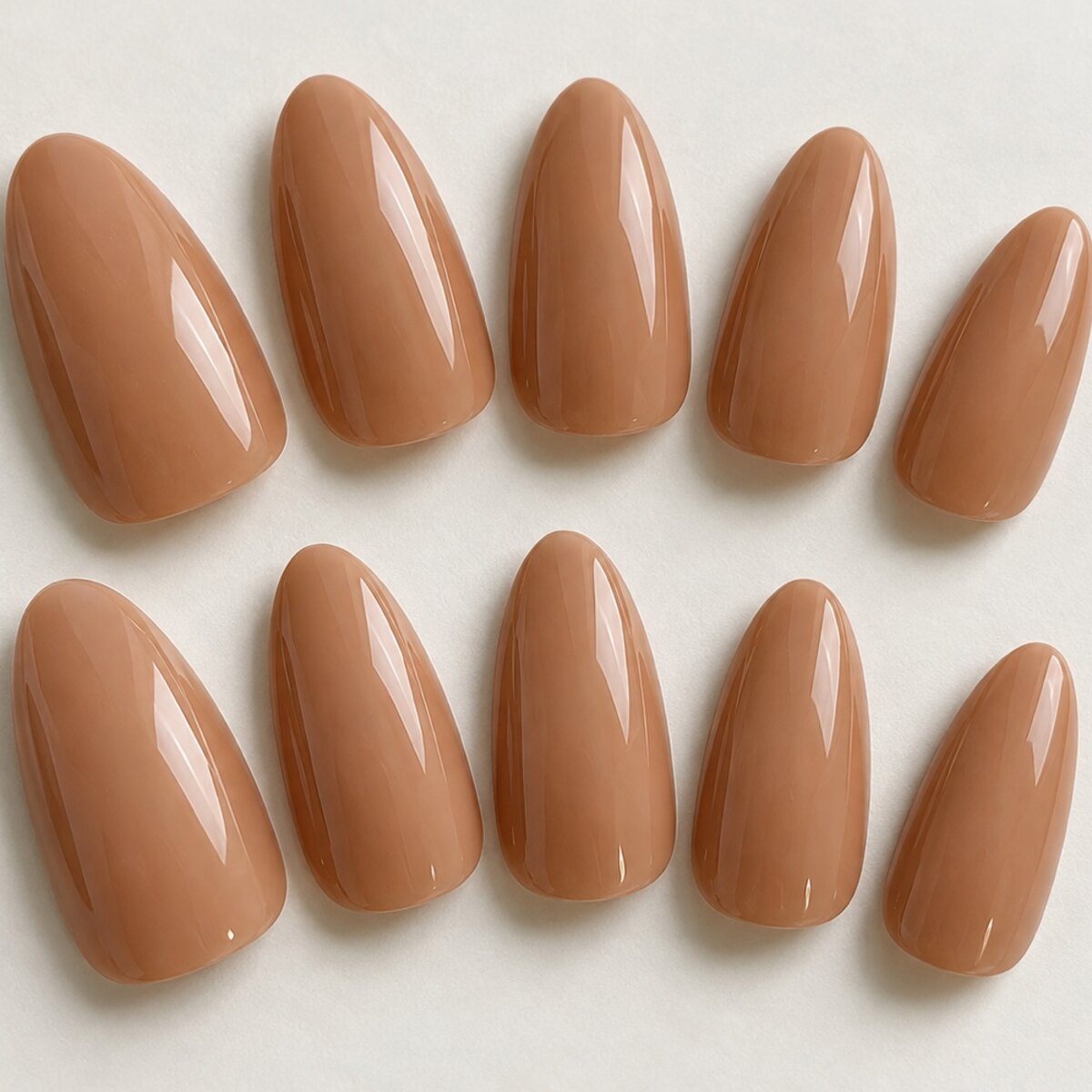 Caramel Nude Almond Press-On Nails close-up design preview