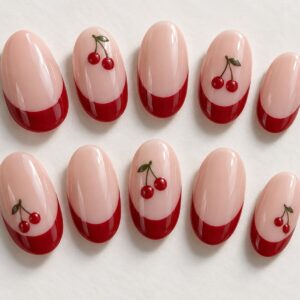Cherry French Tip Press-On Nails close-up design preview
