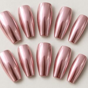 Rose Quartz Chrome Coffin Press-On Nails close-up design preview